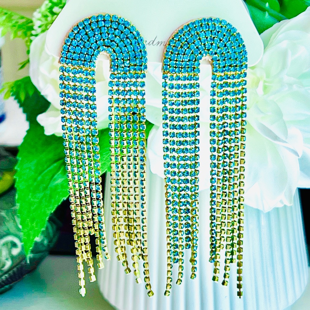 Nwt Deepa Gurnani Turquoise Crystal Fringe Chandeliers